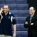Saline Head Coach Eric Williams and Pioneer Head Coach Rex Stanczak talk before the game on Friday, Feb. 1. Daniel Brenner I AnnArbor.com
